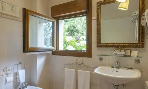 Baño de una habitación del Hotel Rural Arpa de Hierba.