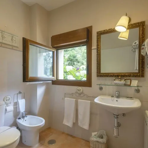 Baño de una habitación del Hotel Rural Arpa de Hierba.