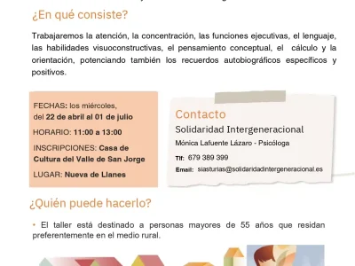Cartel oficial del taller gratuito de memoria en Nueva de Llanes